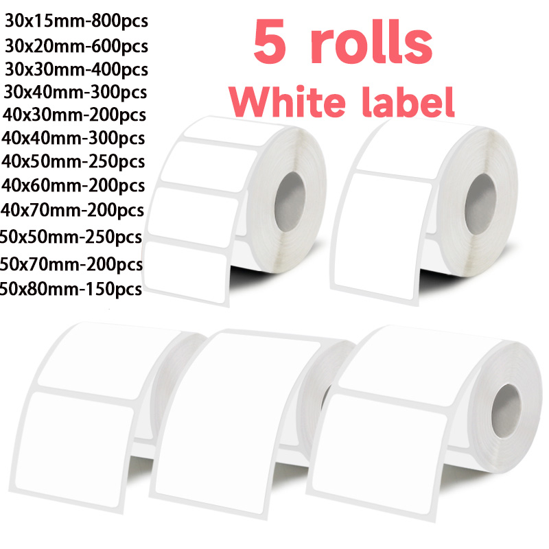 Label Maker Machine - 5 rolos de etiquetas adesivas brancas,