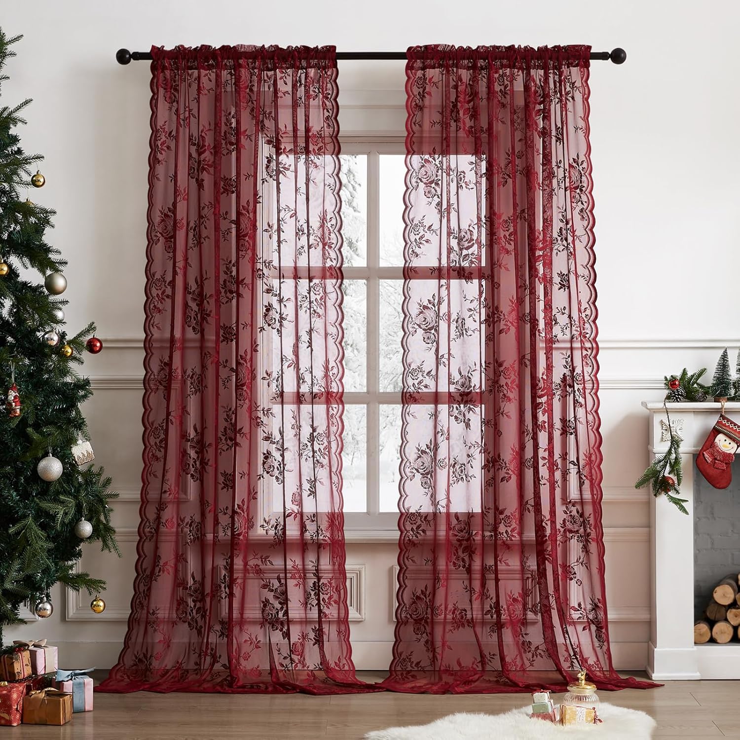 Home Office Gadgets - 1 pc borgonha cortinas de renda