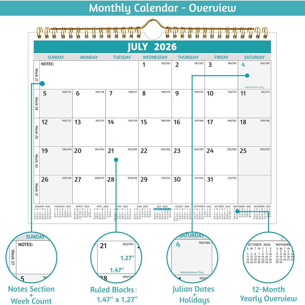 Calendário de Parede 2025 2026 - Home Office Holidays 2026 avaliação e preço